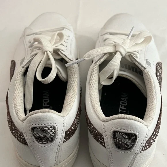PUMA SNEAKERS, Women’s Sz 6.5, White Leather Sneakers w/ Snake Print Form Strip. - Picture 4 of 11